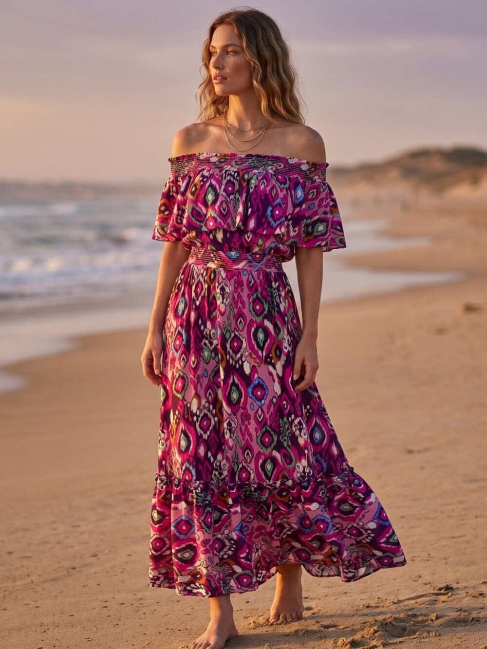 NWT | Prettywear | Magenta & Purple Ikat Print Off-Shoulder Maxi Dress | XS